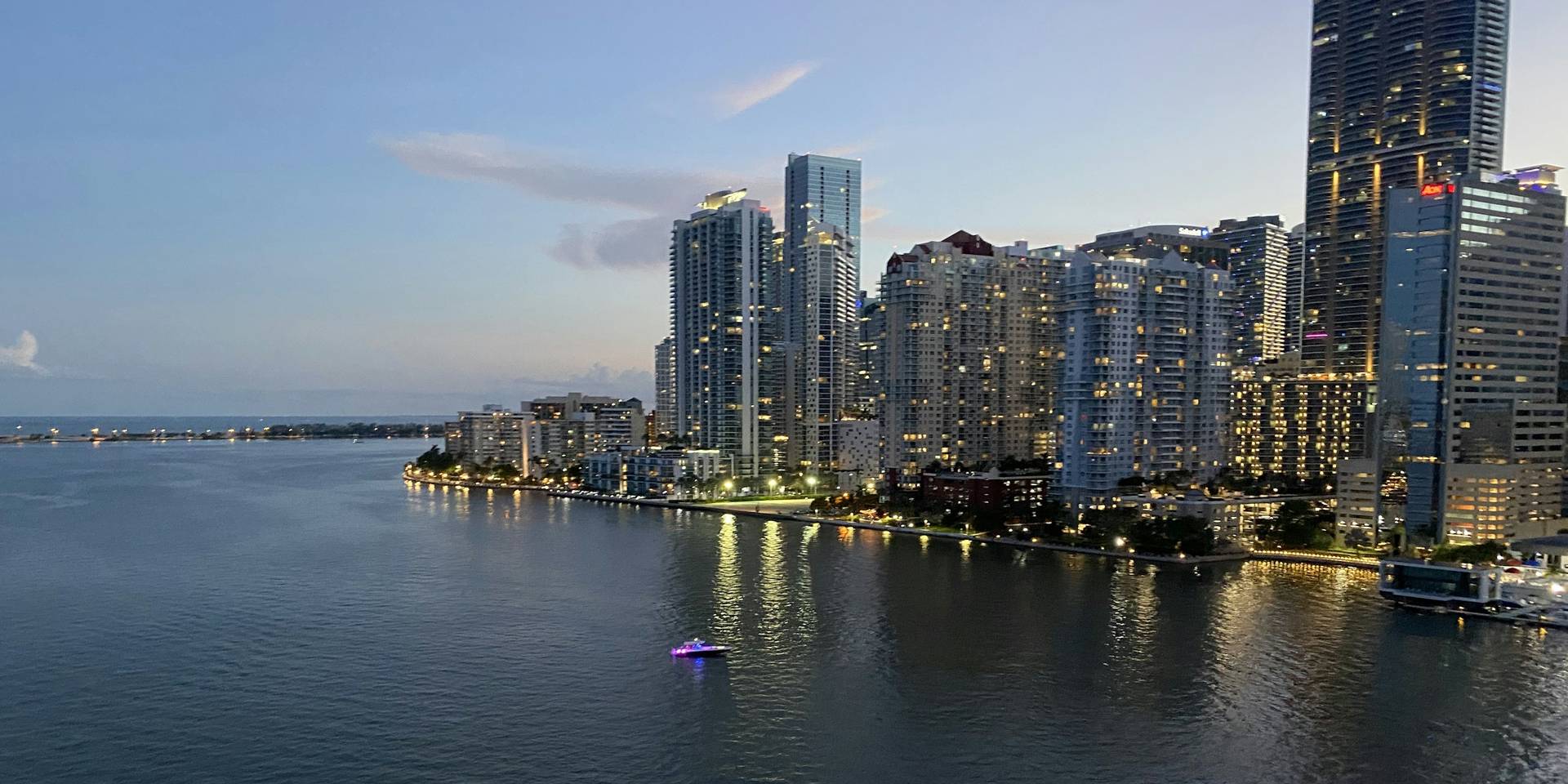 The Brickell skyline along Biscayne Bay at dusk